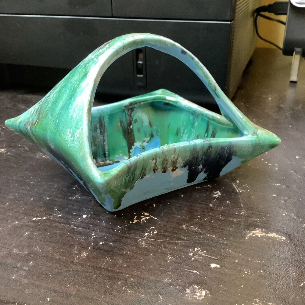 Art pottery vase drip glaze MCM Diamond Shaped Basket 4.5”x7”